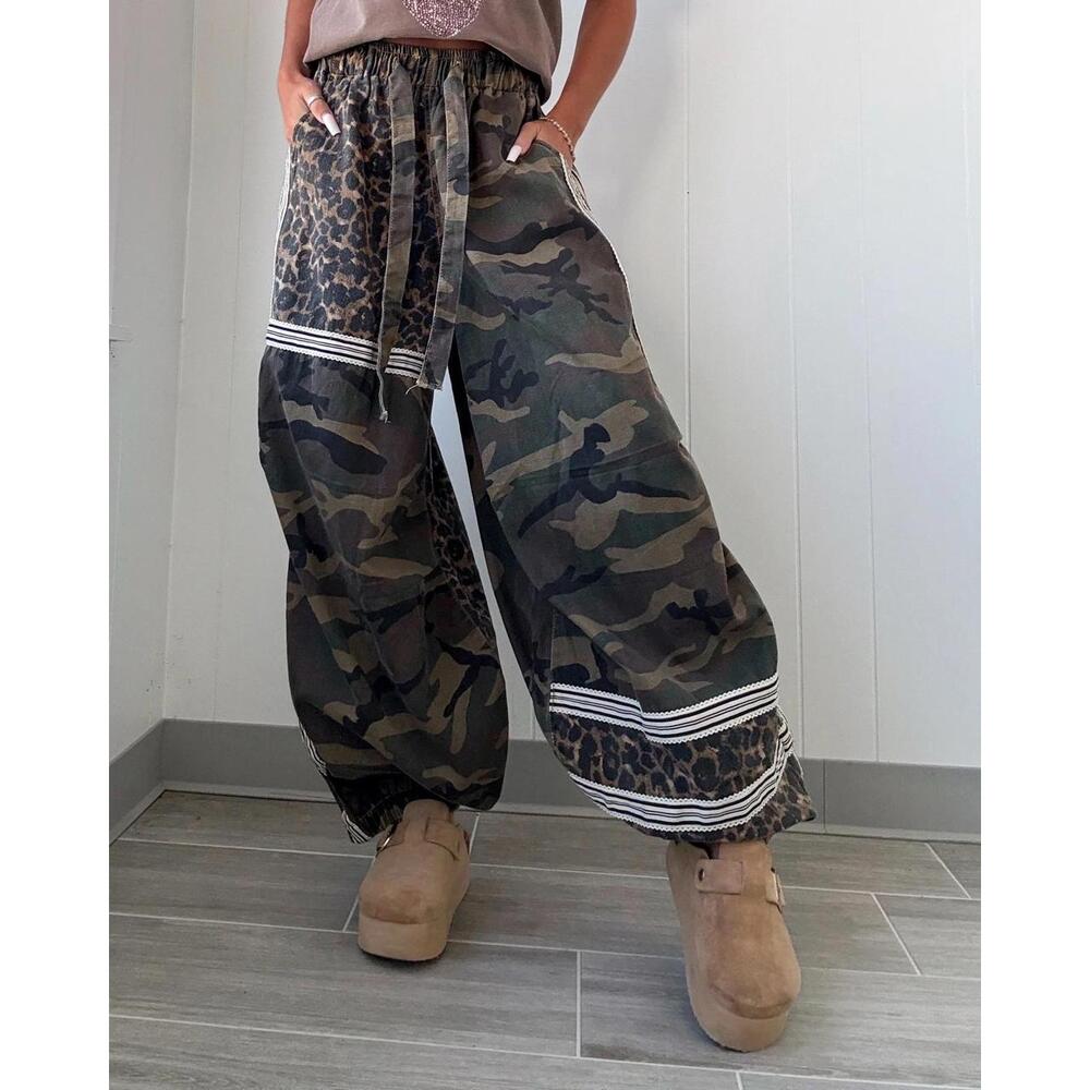 Printed Woven Contrast Band Trim Jogger Pants by POL